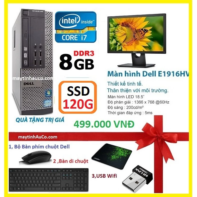 Máy tính để bàn đồng bộ Dell optiplex ( Core i7 / 8G / SSD 120G ),Màn hình Dell 18.5 inch Wide - LED , Tặng Bàn phím