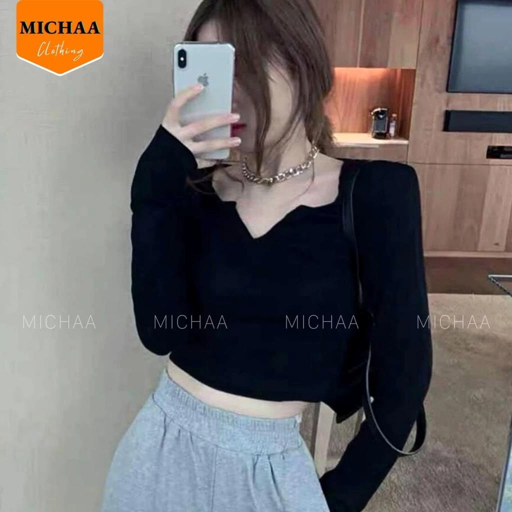 Áo Croptop Cổ KHOÉT CHỮ V Tay Dài Nữ Thun Borip Phong Cách Gợi Cảm MICHAA CR185