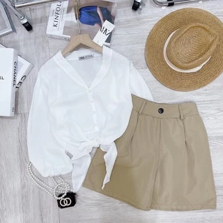 Set bộ đồ nữ đi biển áo croptop buộc nơ eo kèm quần short Vải mềm mại, thoáng mát