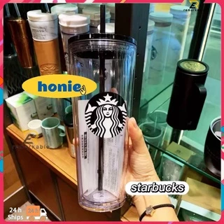 Bình Giữ Nhiệt Cao Cấp Starbucks 2 Lớp Nhựa Trong Suốt 473Ml/710Ml Nước Tiện Lợi Ống Hút