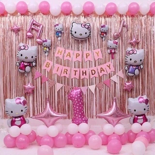 Bộ trang trí sinh nhật hồng kitty(Tone Hồng) Tặng bơm và keo dán