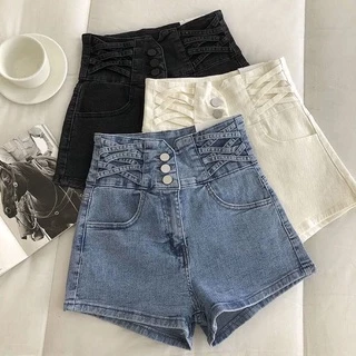 Quần Short Jeans Lưng Cao Ống Rộng Màu Sắc Trơn Vintage Thời Trang Mùa Hè Cho Nữ