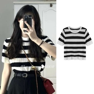 Áo Thun Croptop Ngắn Tay Họa Tiết Kẻ Sọc Thời Trang Cho Nữ