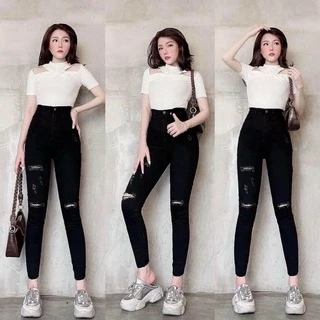 Quần jean nữ màu đen rách gối cực đẹp, quần dài nữ ôm dáng chất vải denim co dãn thoải mái SOLO STORE M702