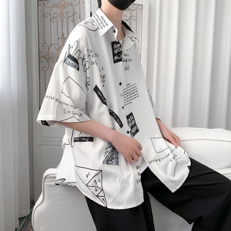 Áo sơ mi cộc tay họa tiết hình học unisex/Áo sơ mi tay lỡ có cổ trẻ trung năng động F46