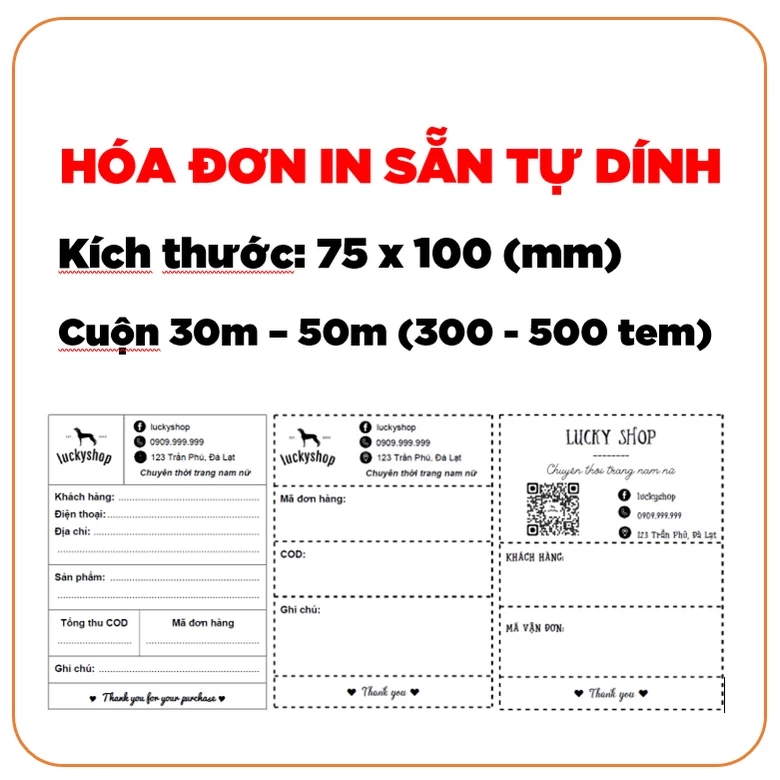 Cuộn hóa đơn / đơn hàng / phiếu giao hàng / vận đơn in sẵn tự dính 75x100mm thiết kế theo yêu cầu / nhiều mẫu tự chọn