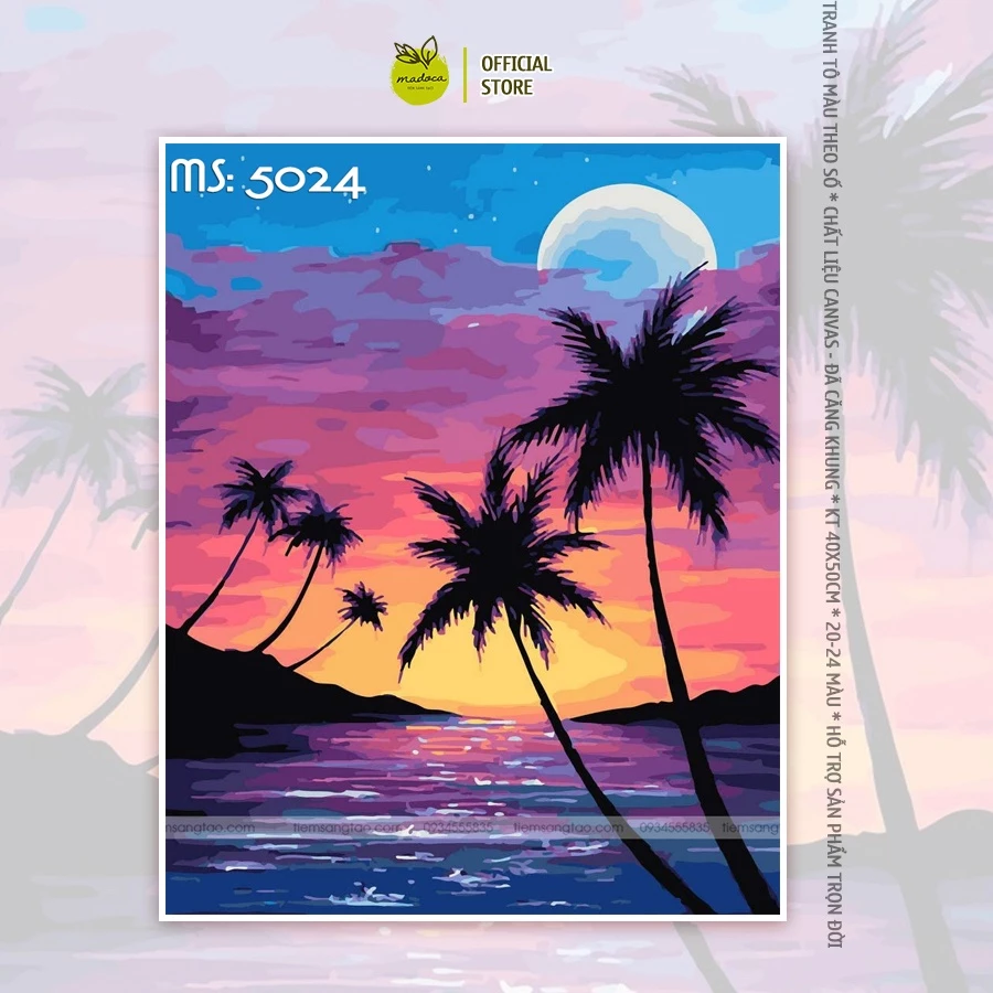Tranh tô màu số hóa Madoca có khung 40x50cm bãi biển chiều hoàng hôn T5024