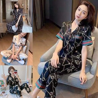 Bộ Đồ Ngủ Vải Lụa Satin Tay Ngắn + Quần Dài Thời Trang Cho Nữ Size M-5XL