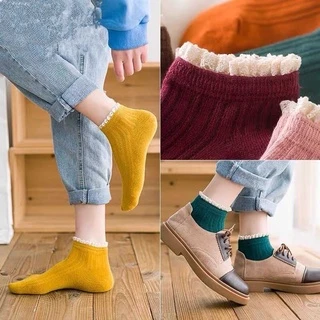 Tất Nữ Cổ Ngắn ,Vớ Nữ Cổ Thấp Phối Ren Bèo Nhún Vintage Chất Lệu Cotton Hàn Quốc, Vintage