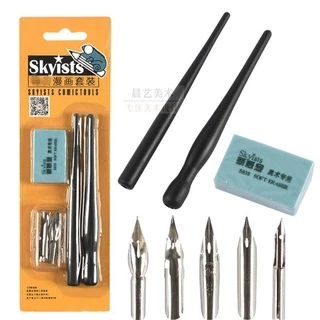 [Lộc's Art Store] Bộ Bút Sắt (chấm mực) Skyists 2 Thân Đen Kèm 5 Ngòi