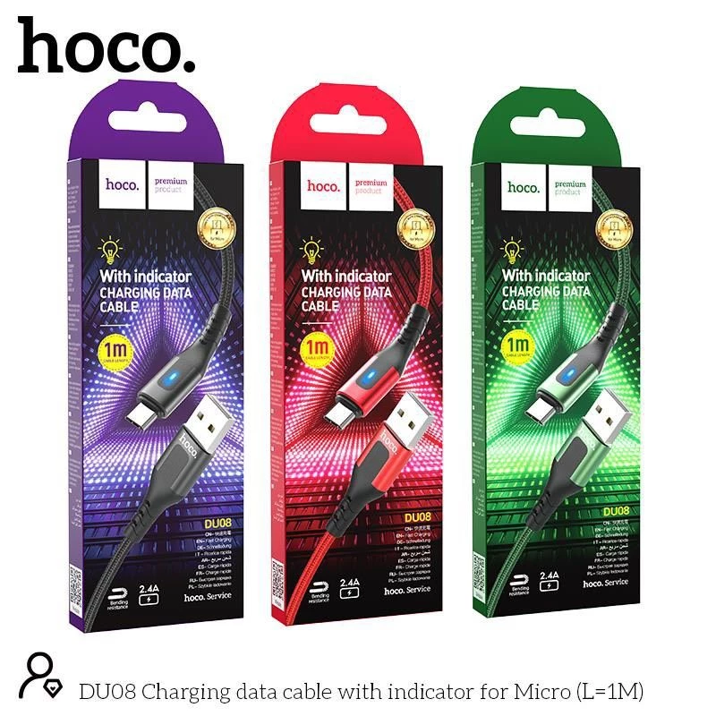 Cáp Sạc MicroUSB-TypeC Có Đèn Cho Android, Samsung,... Hoco DU08 1M/2M, Cáp Dây Dù Siêu Bền, Sạc Nhanh 3.0A [CHÍNH HÃNG]
