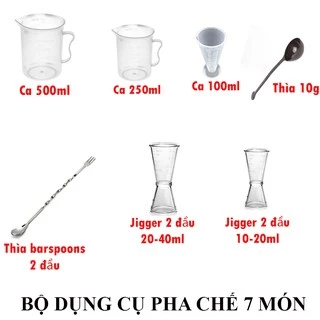 Combo 7 món cho bộ dụng cụ pha chế chuyên nghiệp (ca 500-200-100ml, thìa 10g, thìa inox 2 đầu, zick nhựa 10/20-20/40ml)