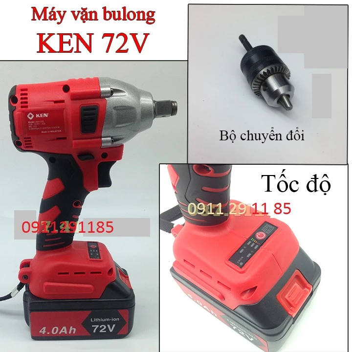 Máy Siết Bulong KEN 72V - Máy siết Bu Lông 2 Pin - (TẶNG Đầu Khẩu 22mm ) - Không Chổi Than - Máy Bắt vít Ken