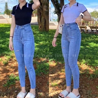 Set Jeans dài co giãn tua lai rách 1line + crop cổ bẻ phối viền