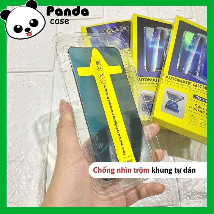 Kính cường lực iphone khung dán tự động CHỐNG NHÌN TRỘM, tự dán dễ dàng, viền đen mỏng, chống bám bụi - Panda Case
