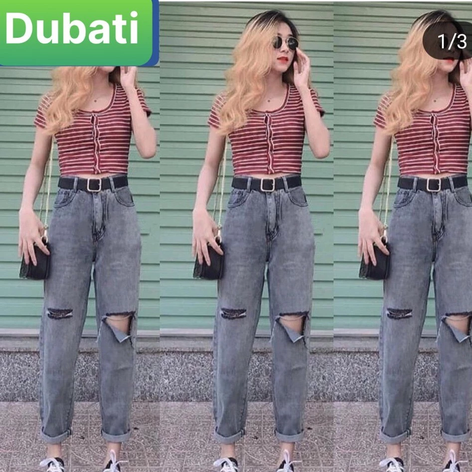 QUẦN BAGGY NỮ MÀU XÁM RÁCH GỐI ỐNG SUÔNG SIÊU HOT - DB 21- DUBATI FASHION