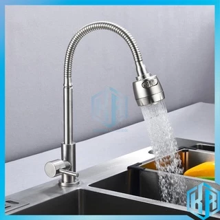 Bộ vòi rửa chén bát 1 đường nước lạnh inox 304 trắng mờ cao cấp loại cần mềm xoay 360 độ, 2 chế độ xả nước - Cắm chậu