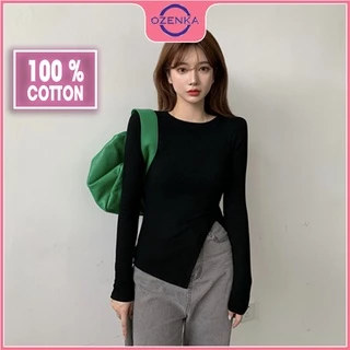 Áo thun croptop nữ tay dài sẻ gấu OZENKA , ao crt ôm body phong cách Hàn Quốc chất cotton lụa màu đen trắng dưới 52 kg