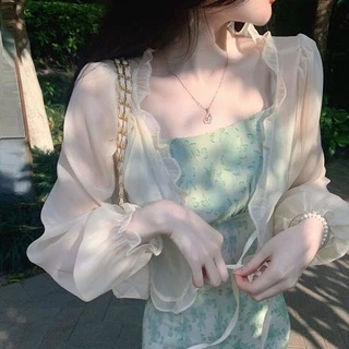 Áo Khoác Nhẹ Ngoài Váy Cadigan Nữ Màu Xanh Be Trắng Hồng Chất Chiffon Dài Tay Phong Cách Tiểu Thư Hàn Quốc