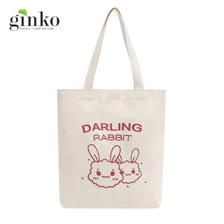 Túi Tote Vải Mộc GINKO Có Dây Kéo Khóa miệng túi ( túi con ) In Hình Darling Rabbit M17