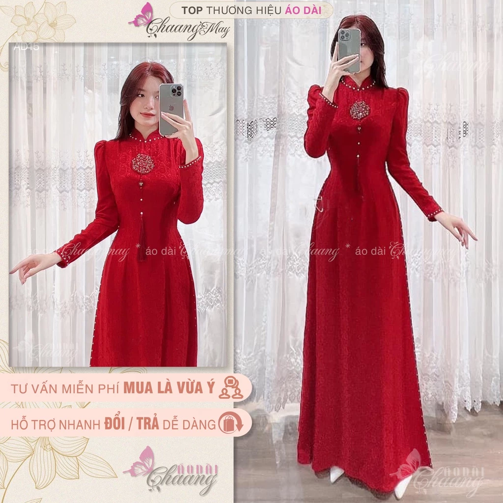 Áo dài cưới cô dâu chữ Hỷ tay vai bồng CHAANG May thiết kế Áo dài Lụa đính ngọc cao cấp dự tiệc ăn hỏi lễ tết đẹp ADC739