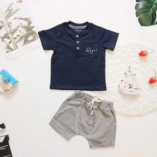 Bộ quần áo bé trai, áo thun cotton màu xanh than in logo trên túi, quần thun cho Bé từ 8 21kg-Royal kids