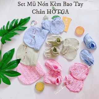 Loại đẹp Set Mũ nón kèm bao tay chân sơ sinh HotGa mềm mại, dễ thương, co giãn tốt cho bé từ sơ sinh đến 3 tháng