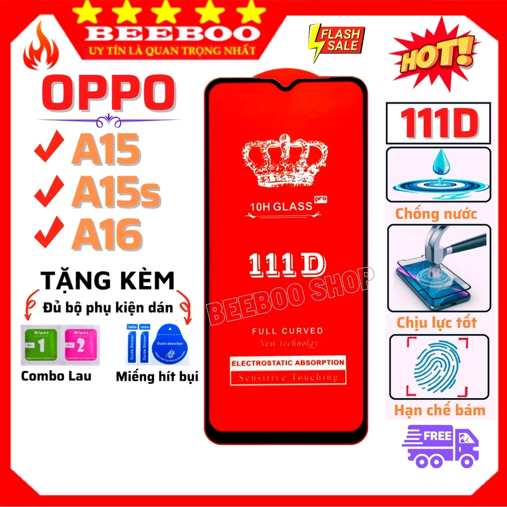 Kính cường lực Oppo A15/ A15S (2020)/ A16 (2021) - Cao Cấp - Full màn hình 111D - Độ cứng 10H.