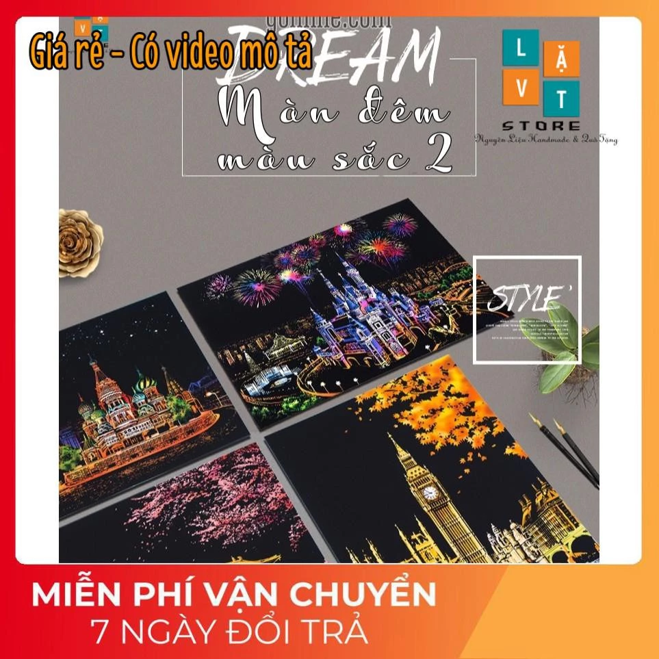 Tranh Cạo A3 - Color Night Scene Scratch II Tự làm tranh theo tường phong cách Hàn Quốc - Màn Đêm Màu Sắc