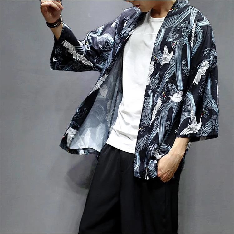 Áo khoác nam nữ Kimono họa tiết Rồng Đỏ chim hạc cá KOI Ryu no Happi phong cách Nhật Bản Haori Happi