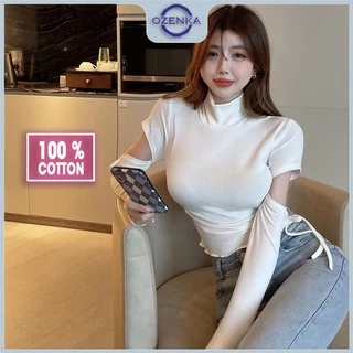 Áo croptop nữ tay dài cổ lọ ôm body Ozenka , áo crt kiểu hở tay thun gân 100% cotton màu đen trắng dưới 55 kg