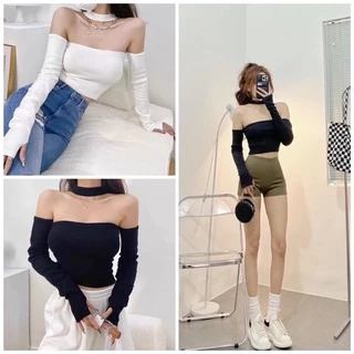 Áo Croptop Tay Dài Trễ Vai Kèm Chocker Chất Thun Gân Form Chuẩn Ôm Body Hot Hit Ulzzang