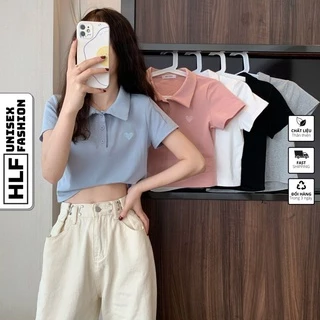 Áo polo croptop tay ngắn nữ thêu trái tim bên ngực, áo thun nữ HLFashion