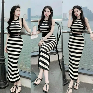 Set bộ váy body nữ siêu xinh với áo ba lỗ croptop mix chân váy form dài đơn giản, xinh xắn