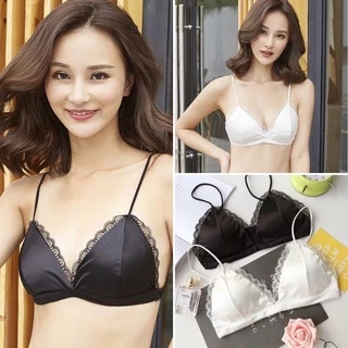 Áo lót nữ, Áo Bra satin thiết kế lụa bóng phối ren lụa đệm mỏng không gọng - BRA SATIN VIỀN REN