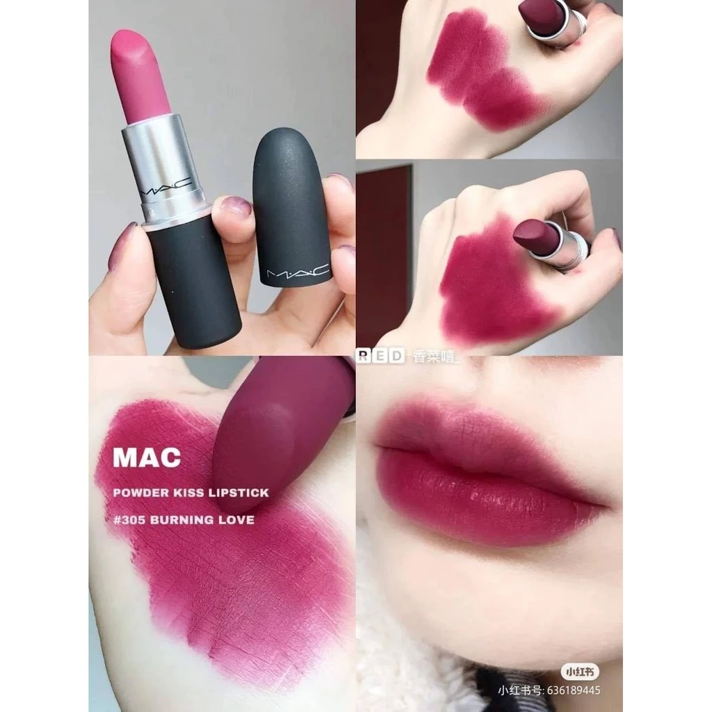 Son MAC Powder Kiss Burning Love 305 Đỏ Tím Rượu