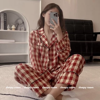 Đồ ngủ Pyjama CARO SET Đỏ Cao cấp SLEEPY ROOM Thu Đông Dài Tay