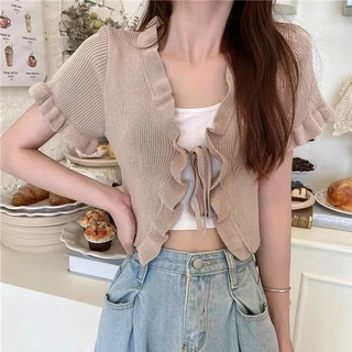 ÁO KHOÁC NỮ CROPTOP THUN GÂN PHỐI BÈO CỘT DÂY (DƯỚI 52KG MẶC VỪA)