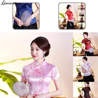 Áo kiểu sườn xám vải cotton lanh cổ đứng phối khuy gài phong cách Trung Hoa dành cho bạn nữ