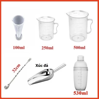 Combo Dụng Cụ Pha Chế: 1 ly đong 100ml+1 ca 250ml+1 ca 500ml+1 xúc đá+1thìa bar 32+ 1 bình lắc 530ml