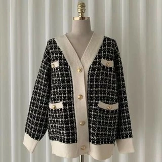 Áo khoác cardigan len kẻ dày nặng