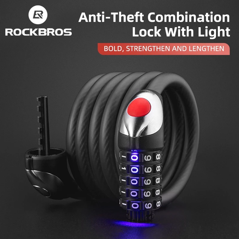 Ổ khóa xe đạp ROCKBROS dùng mất khẩu có đèn led chống trộm chất liệu cao su bọc cáp chất lượng cao
