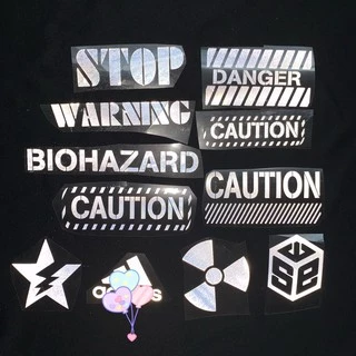 Miếng dán sticker phản quang ép áo, khẩu trang siêu rẻ nhiều mẫu Caution, Stop, Warning