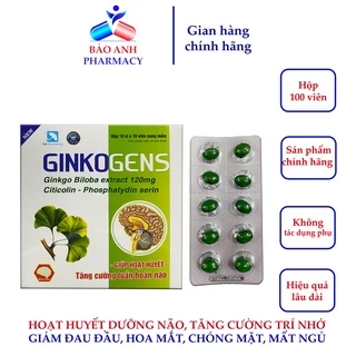 Hoạt huyết dưỡng não Ginkgo Biloba, Citicoline giúp bổ não, cải thiện trí nhớ, tăng cường trí nhớ GINKOGENS Hộp 100 viên