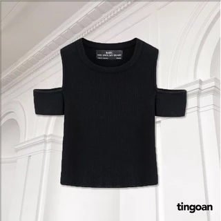 TINGOAN® HCM - Áo len ngắn tay dáng lửng khoét vai đen BE MINE TOP/BL