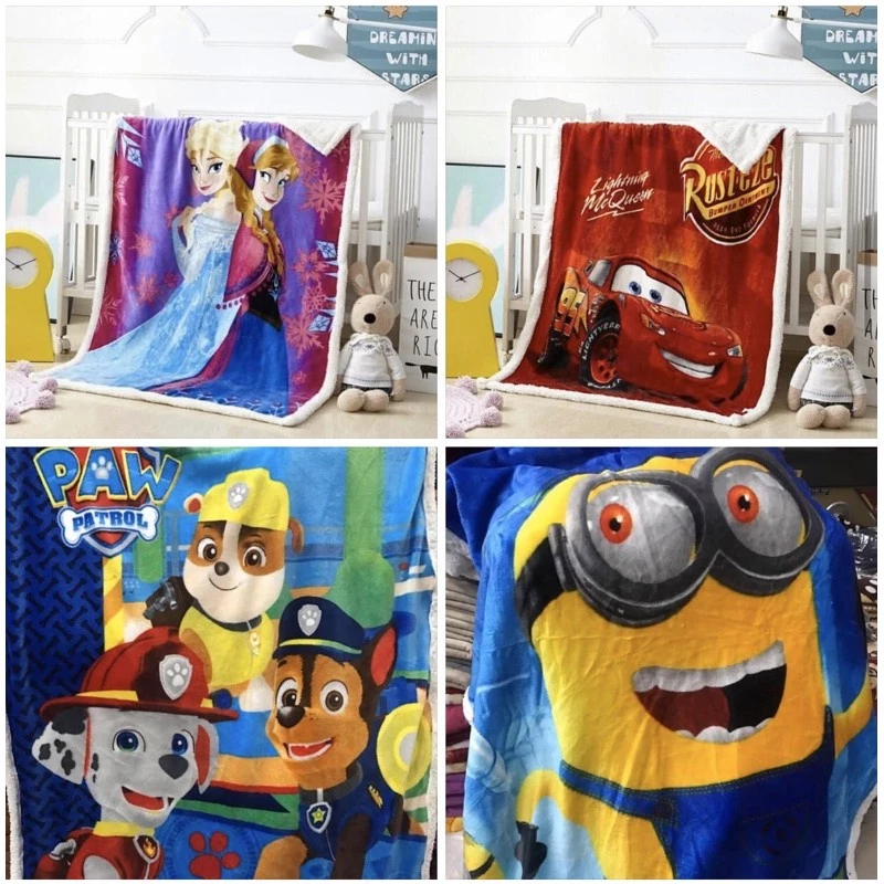 Chăn lông cừu trẻ em, chăn bông, tuyết nhung Elsa ô tô chó cứu hộ Minion cho bé