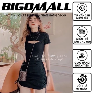 Váy Body Hở Ngực Rút Hông BIGOMALL - Đầm nữ dáng ôm dây rút