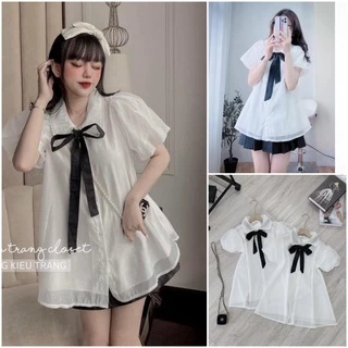 áo sơ mi nữ kiểu babydoll ren tơ phối nơ cổ form rộng dáng xòe mặc thoải mái