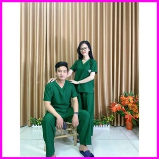 Bộ Scrubs bác sĩ NAM NỮ màu xanh két cao cấp - Quần áo Blouse cổ tim cho bác sĩ phẫu thuật, kỹ thuật viên phòng mổ