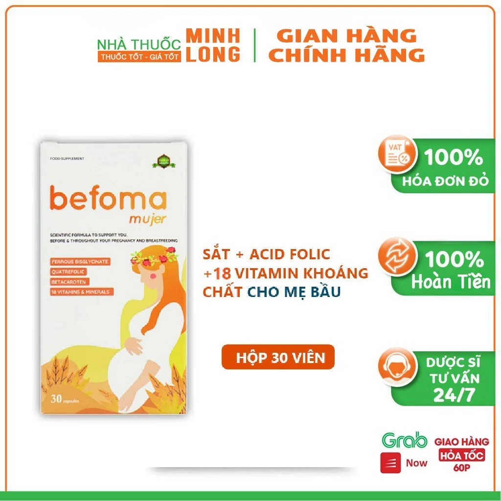 Sắt Befoma Hunmed - Bổ sung Sắt, acid folic và vitamin khoáng chất cho mẹ bầu hộp 30 viên